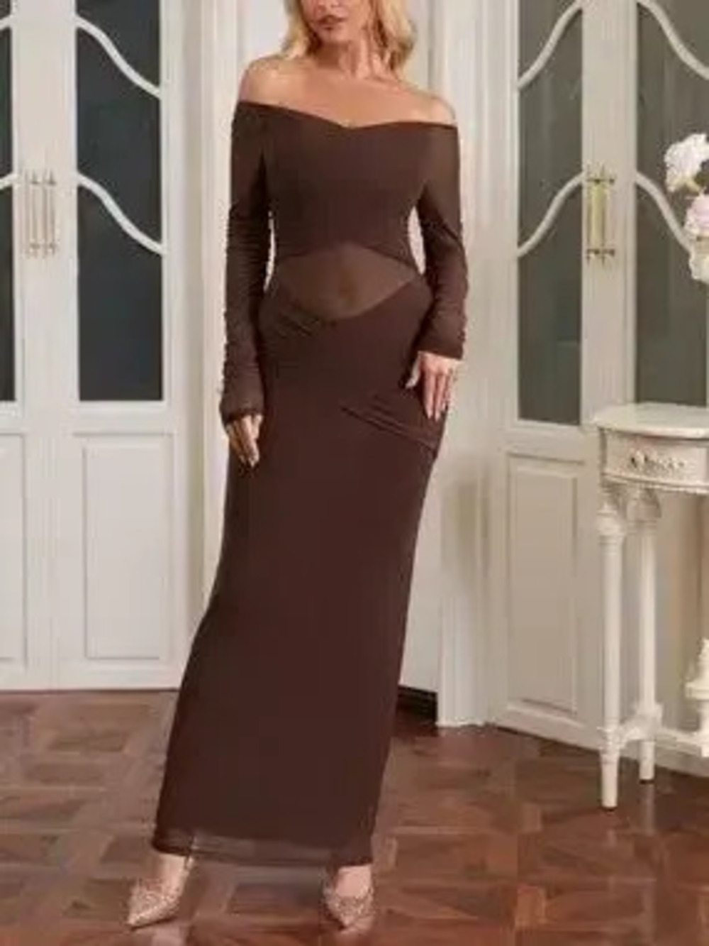 Off-Shoulder Ruched Mesh Long Sleeve Maxi Dress - Picture 3 of 9